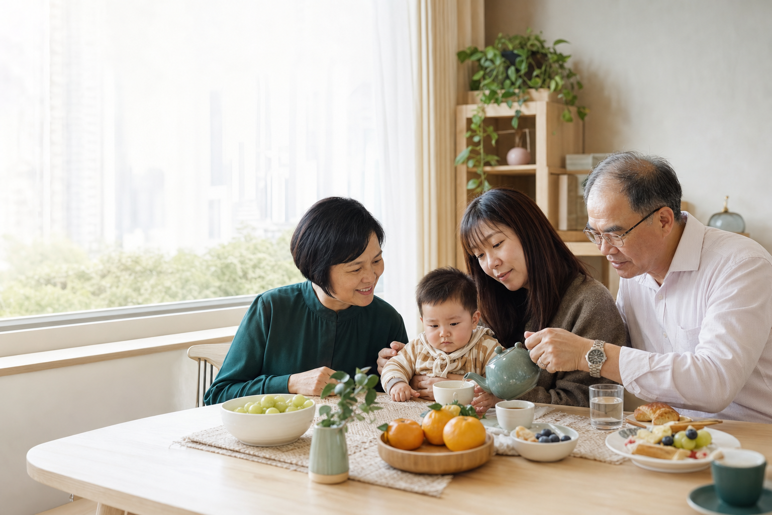 一家人在自然晨光中共享健康生活時光